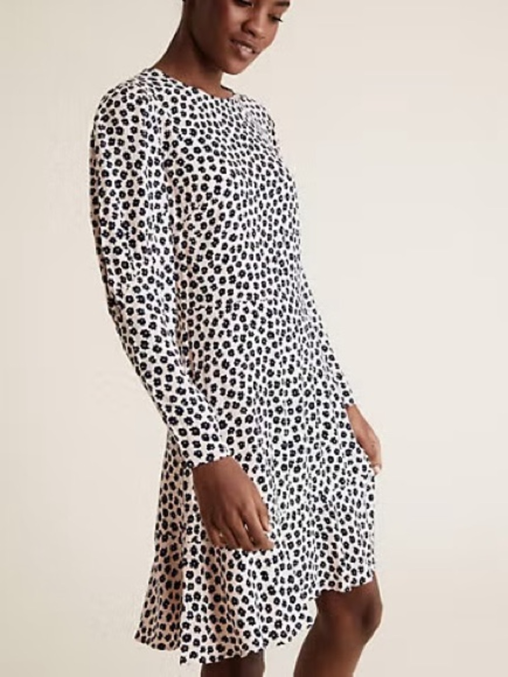 M&S Collection Long Sleeve Light Pink Dress with Black Flower Print Size 8